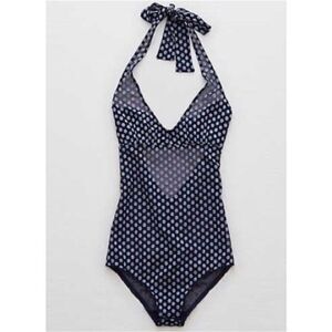 Aerie Real Obsessed Navy Blue Sheer Polka Dot Bodysuit Halter SZ XL